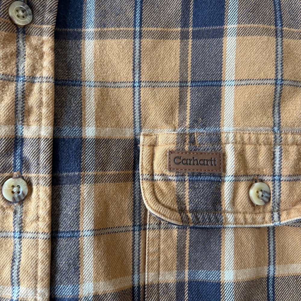 Carhartt Mens 2XL Plaid Flannel Button Down Shirt Brown Blue Cotton S145BRN - Picture 3 of 10